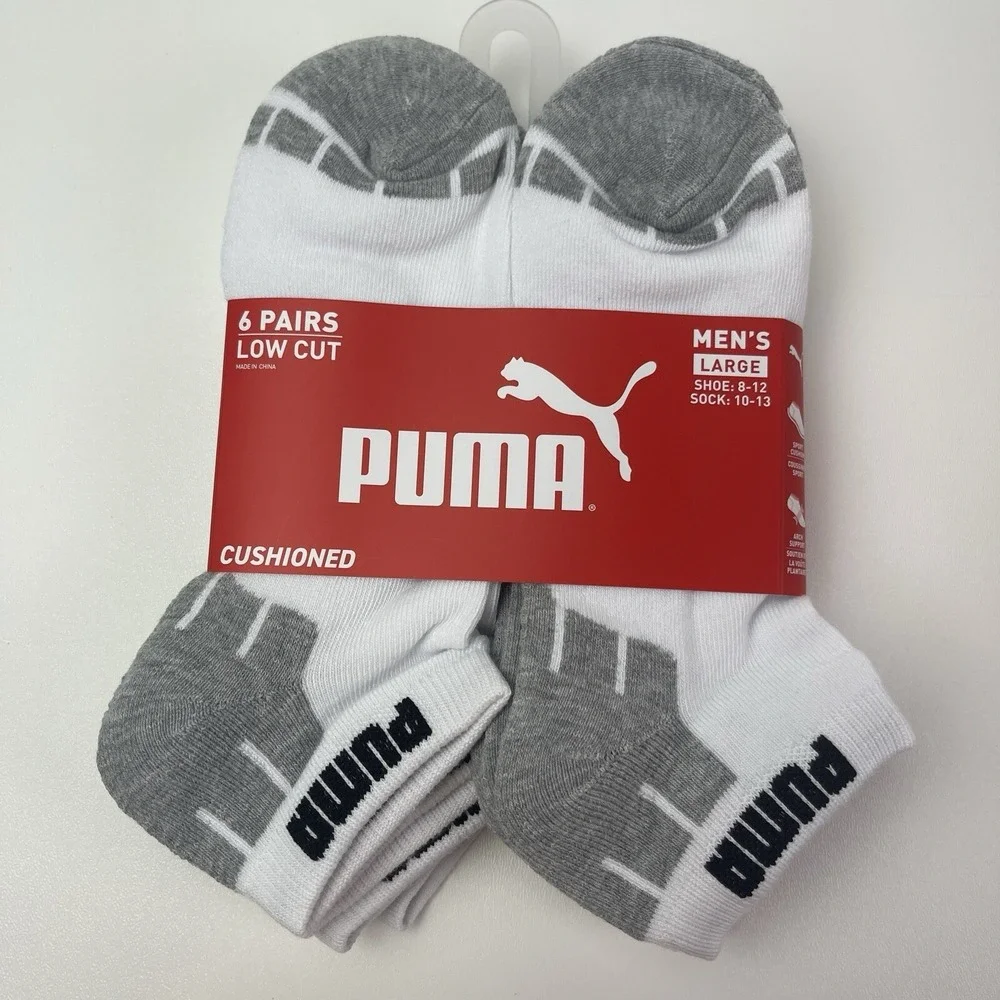 PUMA Mens 6 Pairs Pack‎ Socks Low Cut Cushioned Size 10-13 Shoe 8-12 White Grey